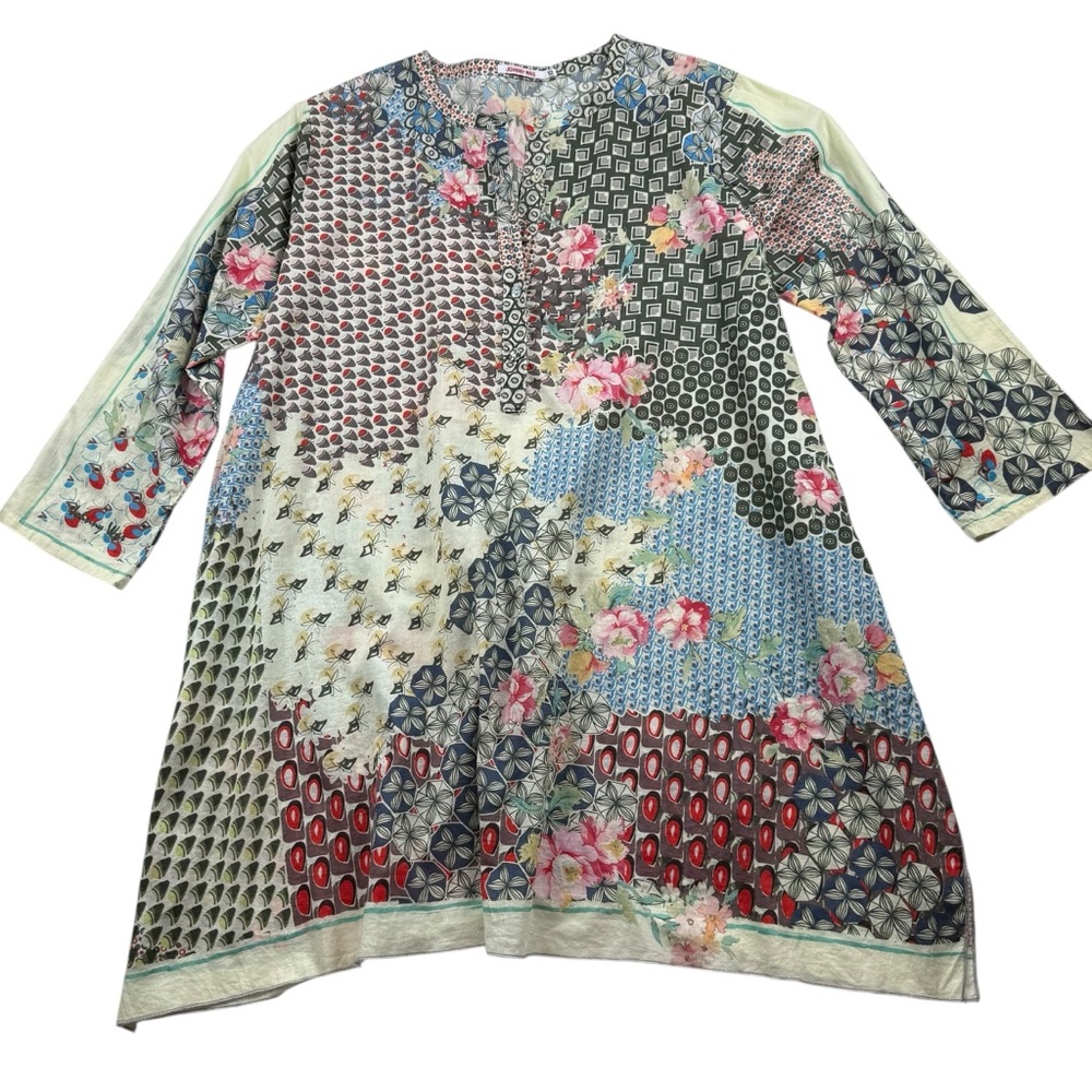 Johnny Was Boho Floral Patchwork print Henley Tunic, XS